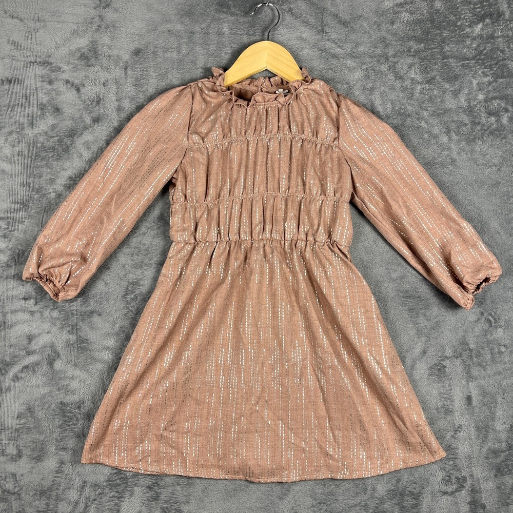 Trende Fit & Flare Dress Girls 6X Brown Metallic Striped Ruffle Neck Puff Sleeve